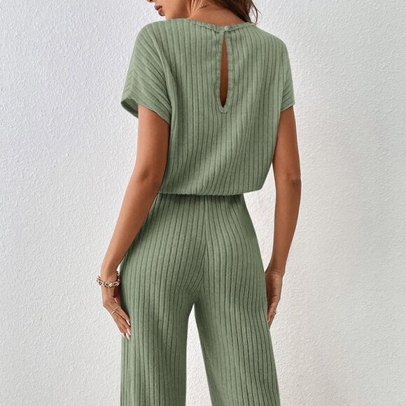 Grass Green Solid Color Ribbed Short Sleeve Wide Leg - Picture 3 of 4